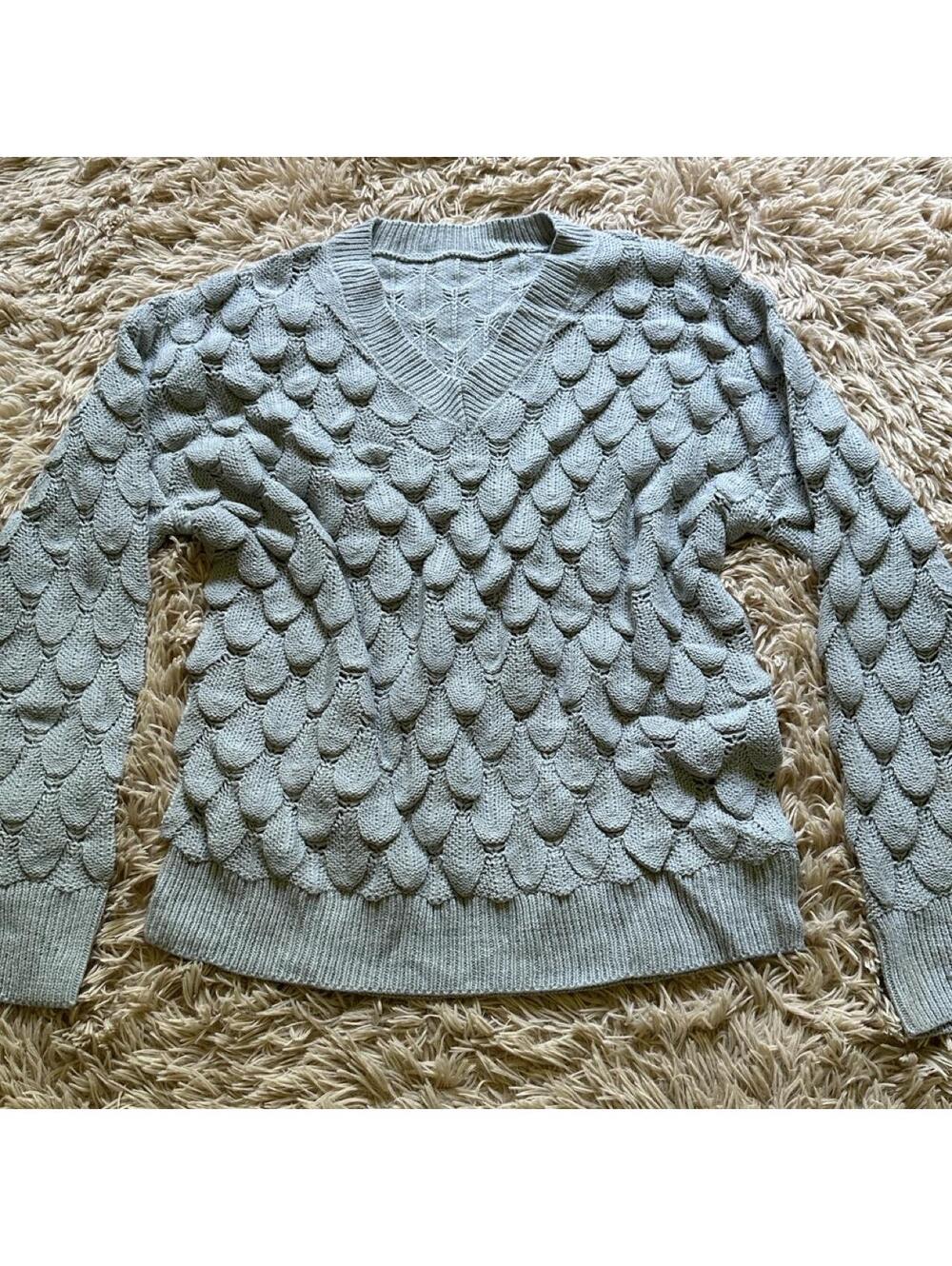 Gray Textured Acrylic V-Neck Sweater Size L